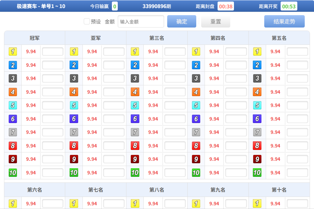 极速赛车单号1到10号下注玩法示意图